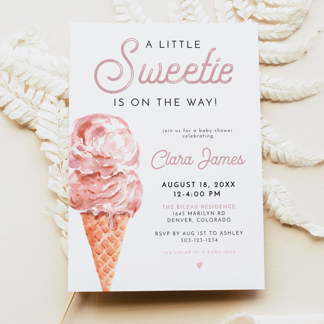 CLARA Pink Ice Cream A Little Sweetie On The Way Baby Shower Invitation