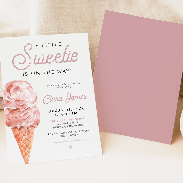 CLARA Pink Ice Cream A Little Sweetie On The Way Baby Shower Invitation