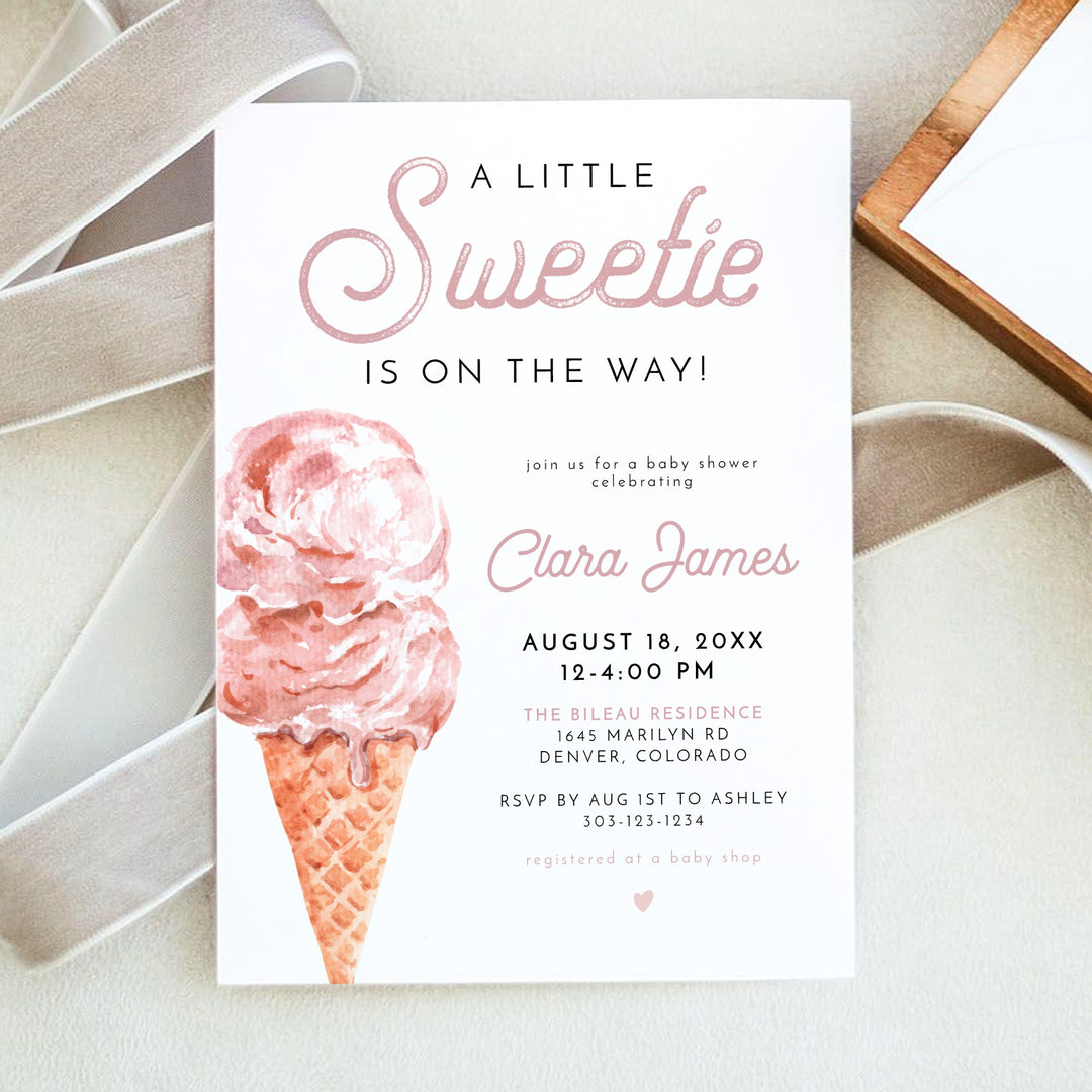 CLARA Pink Ice Cream A Little Sweetie On The Way Baby Shower Invitation