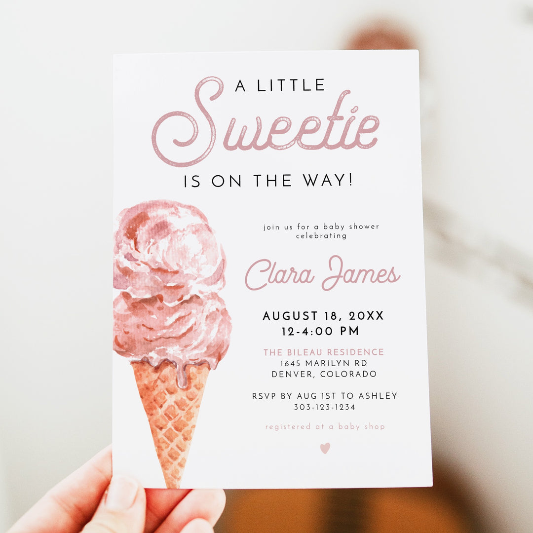 CLARA Pink Ice Cream A Little Sweetie On The Way Baby Shower Invitation