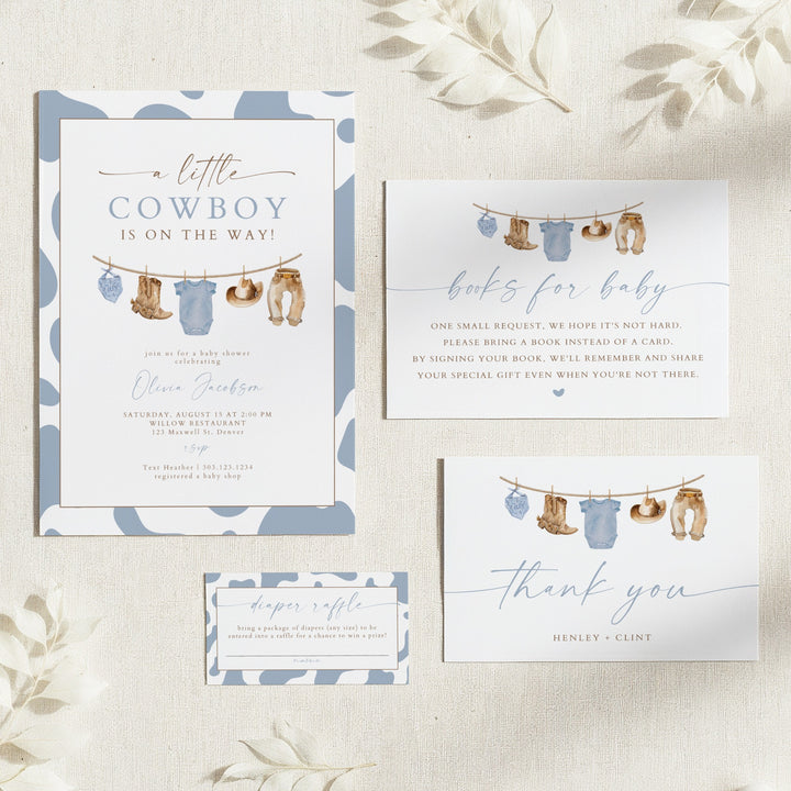 CLINT A Little Cowboy On the Way Western Cow Print Baby Shower Invitation Set