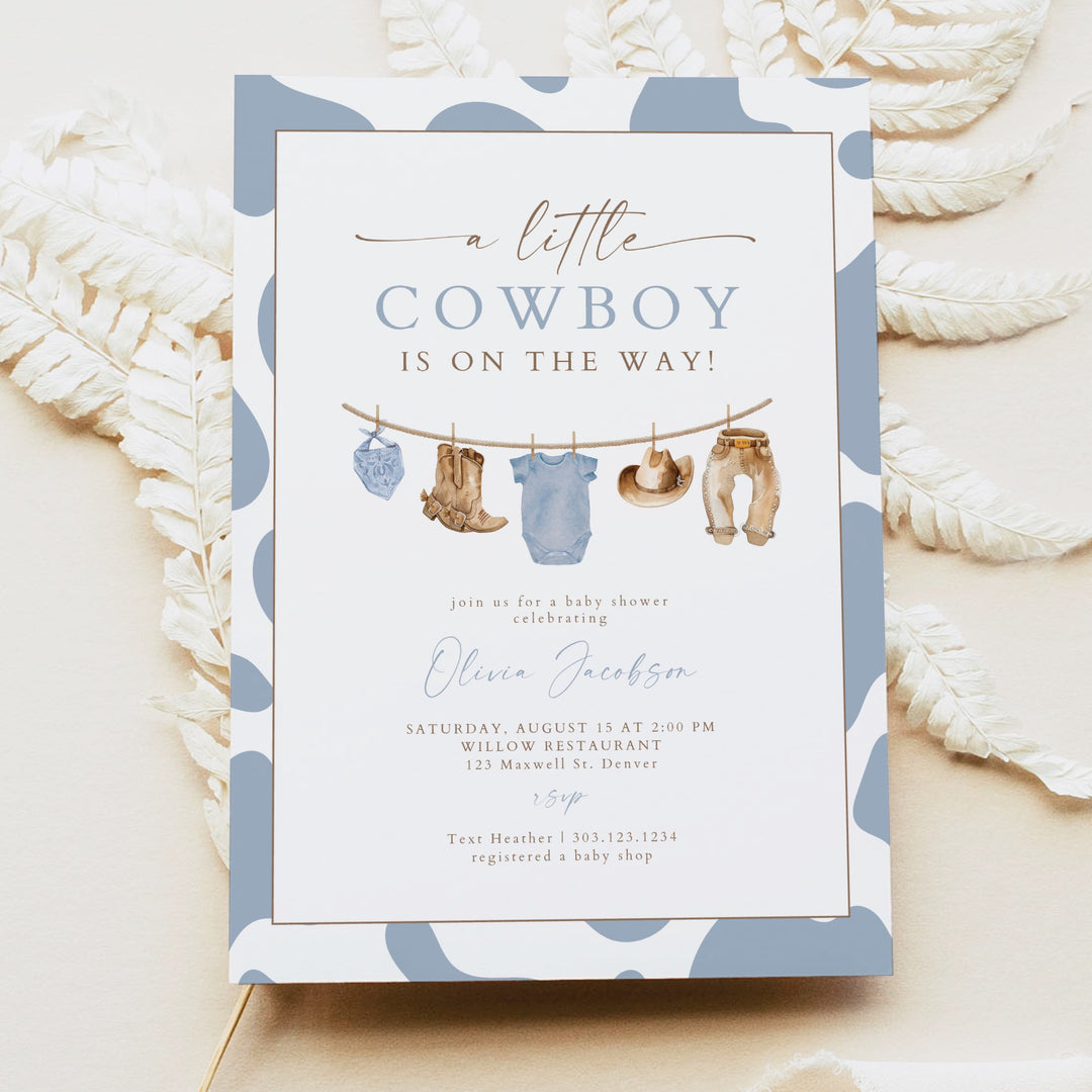 CLINT A Little Cowboy On the Way Western Cow Print Baby Shower Invitation Set