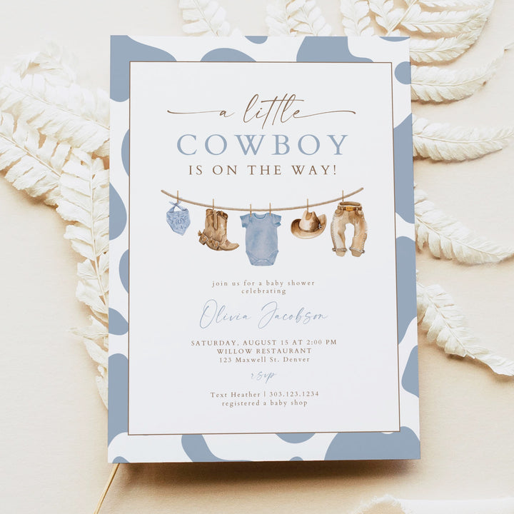CLINT A Little Cowboy On the Way Western Cow Print Baby Shower Invitation Set