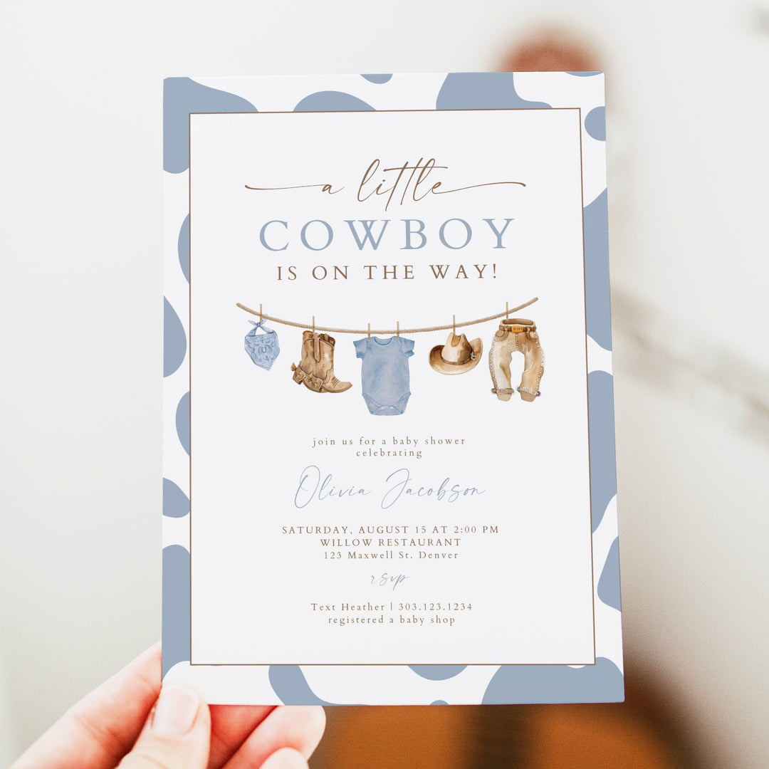 CLINT Little Cowboy on the Way Cow Print Baby Shower Invitation