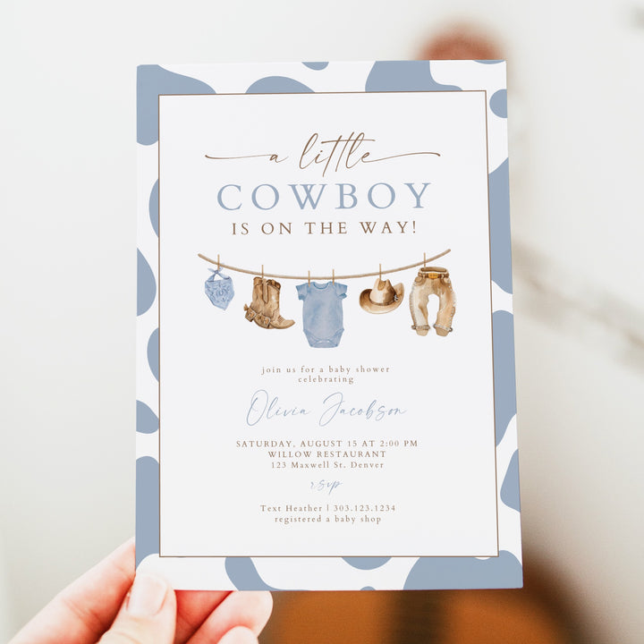CLINT Little Cowboy on the Way Cow Print Baby Shower Invitation