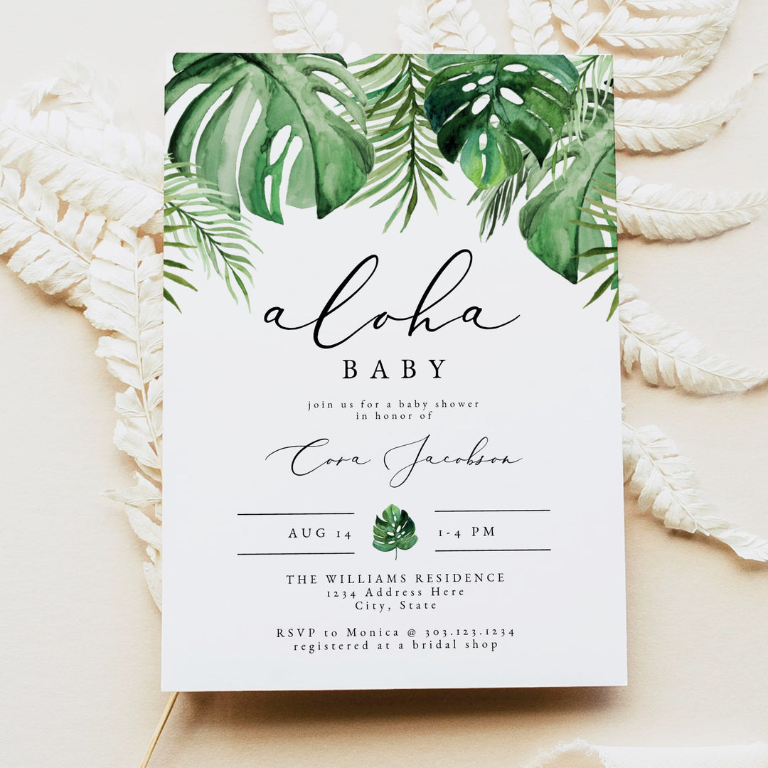 CORA Aloha Baby Tropical Palm Baby Shower Invitation Suite