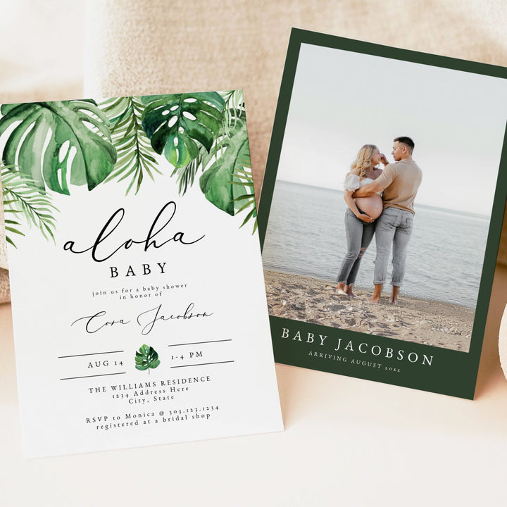 CORA Aloha Baby Tropical Palm Baby Shower Invitation Suite