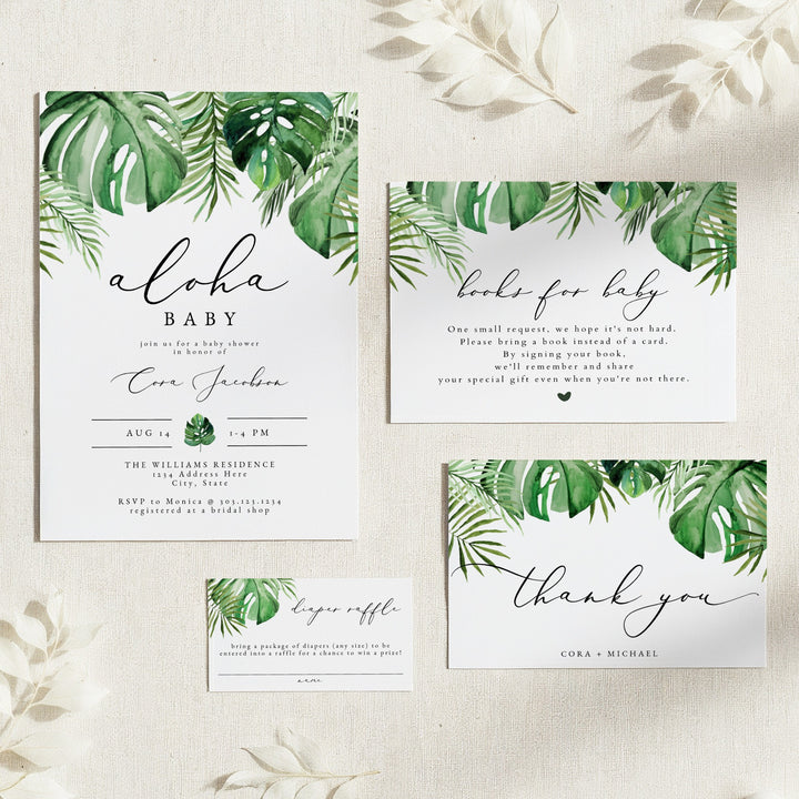 CORA Aloha Baby Tropical Palm Baby Shower Invitation Suite