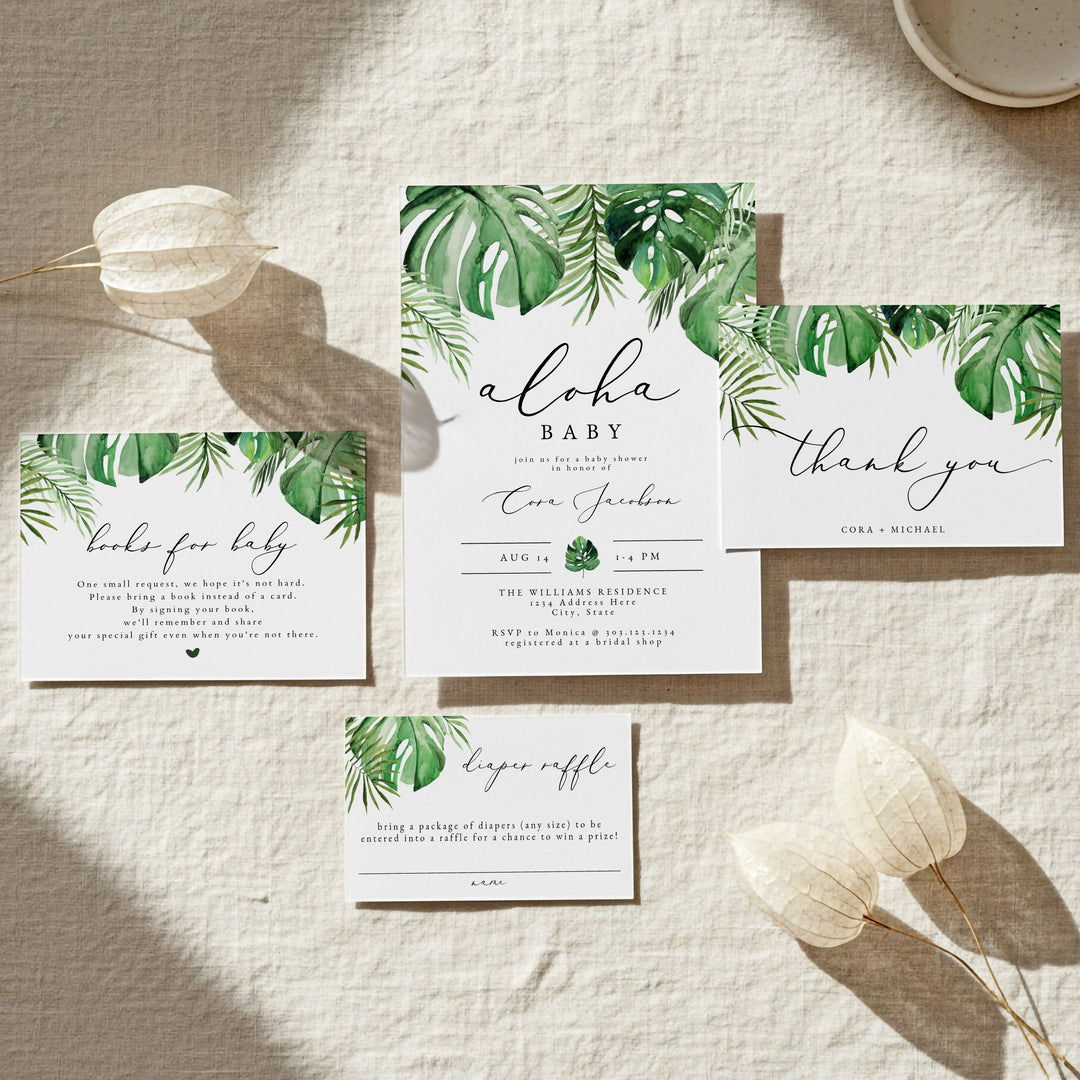 CORA Aloha Baby Tropical Palm Baby Shower Invitation Suite