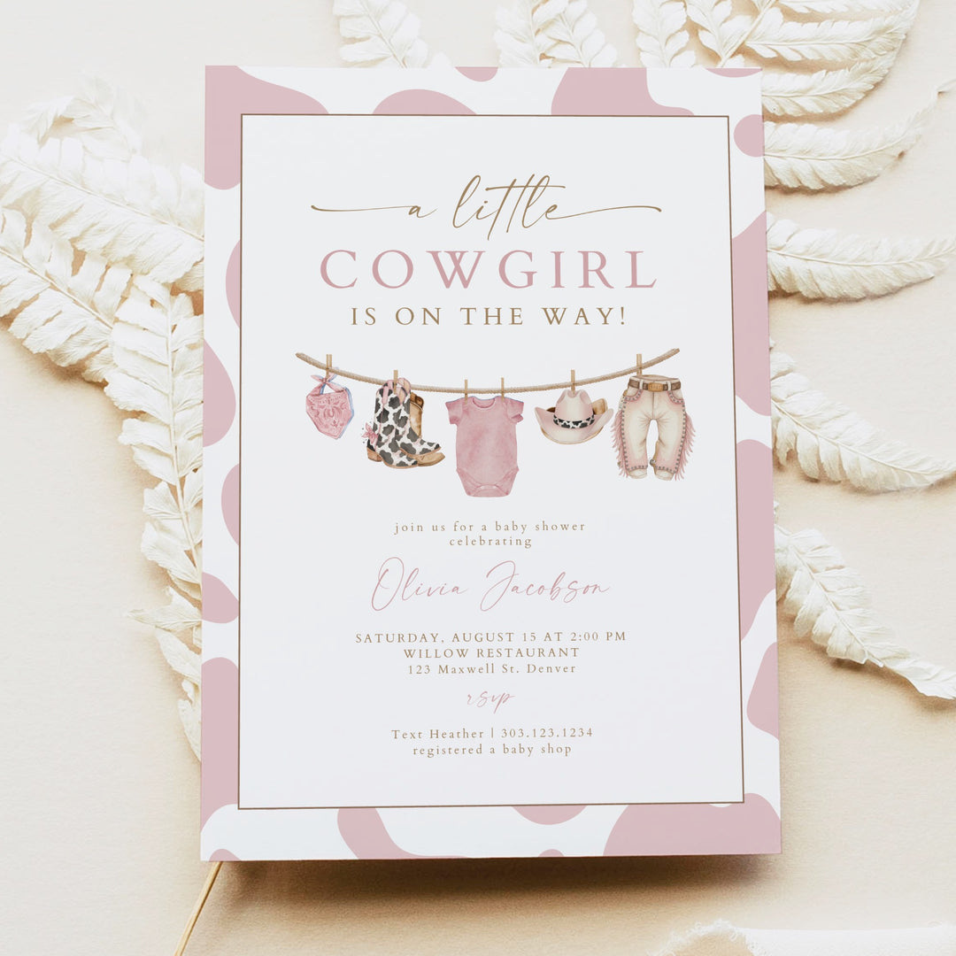 DOLLIE Little Cowgirl On the Way Cow Print Baby Shower Invitation Suite