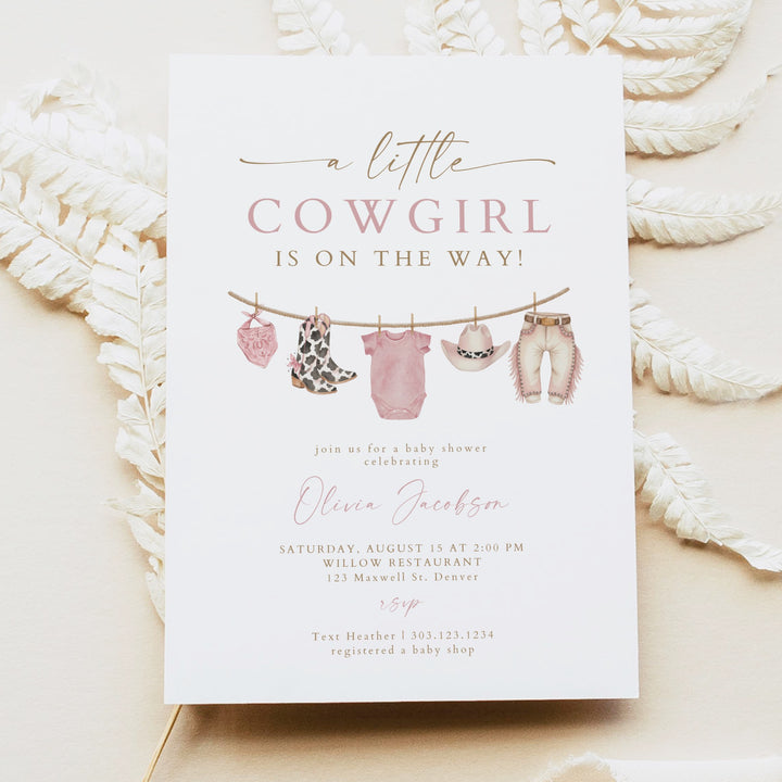 DOLLIE Little Cowgirl On the Way Western Clothesline Baby Shower Invitation