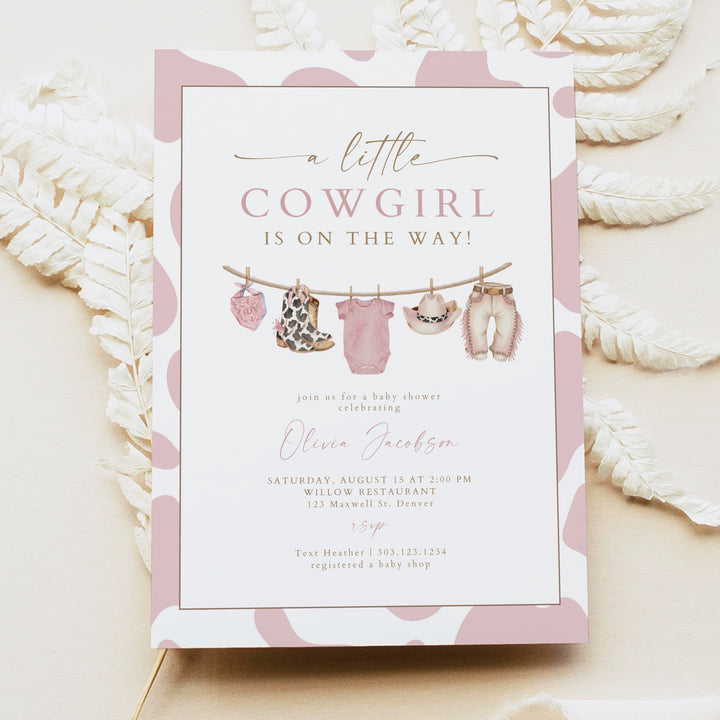 DOLLIE Little Cowgirl On the Way Western Cow Print Baby Shower Invitation
