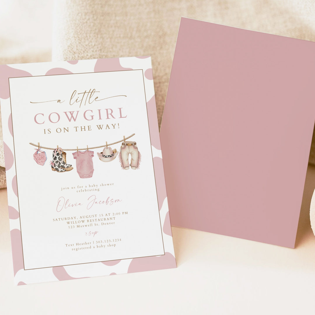DOLLIE Little Cowgirl On the Way Western Cow Print Baby Shower Invitation