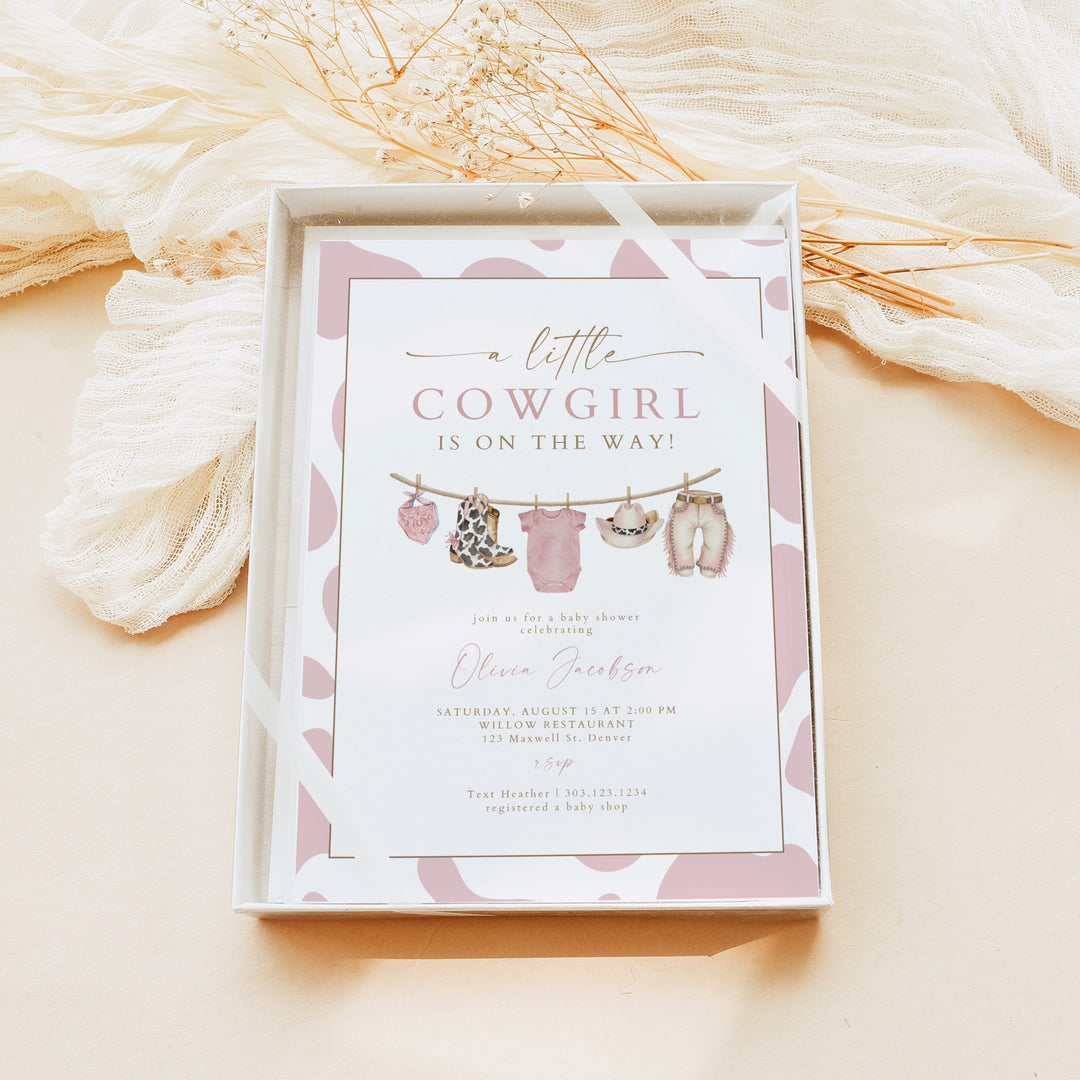 DOLLIE Little Cowgirl On the Way Western Cow Print Baby Shower Invitation