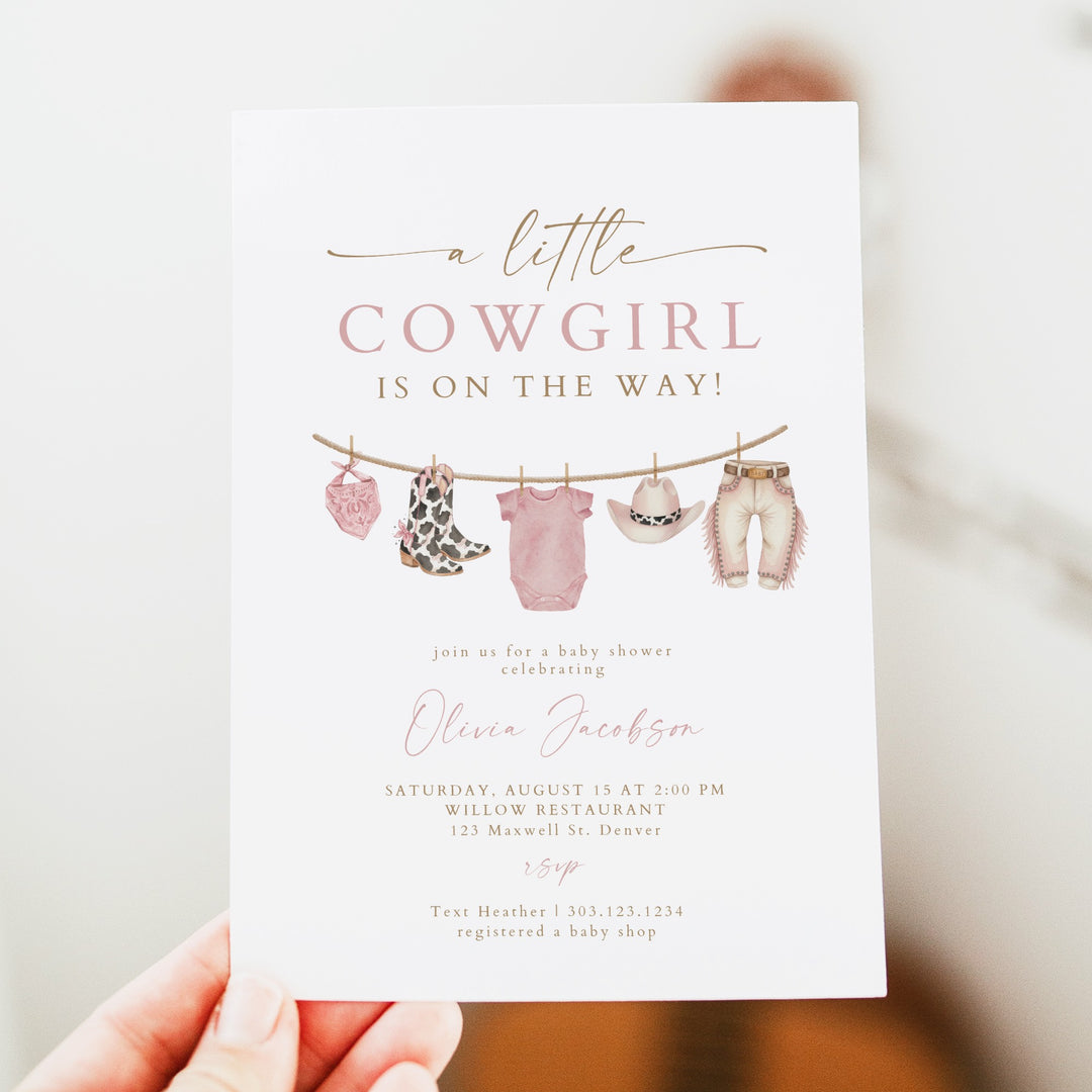 DOLLIE Little Cowgirl On the Way Western Clothesline Baby Shower Invitation