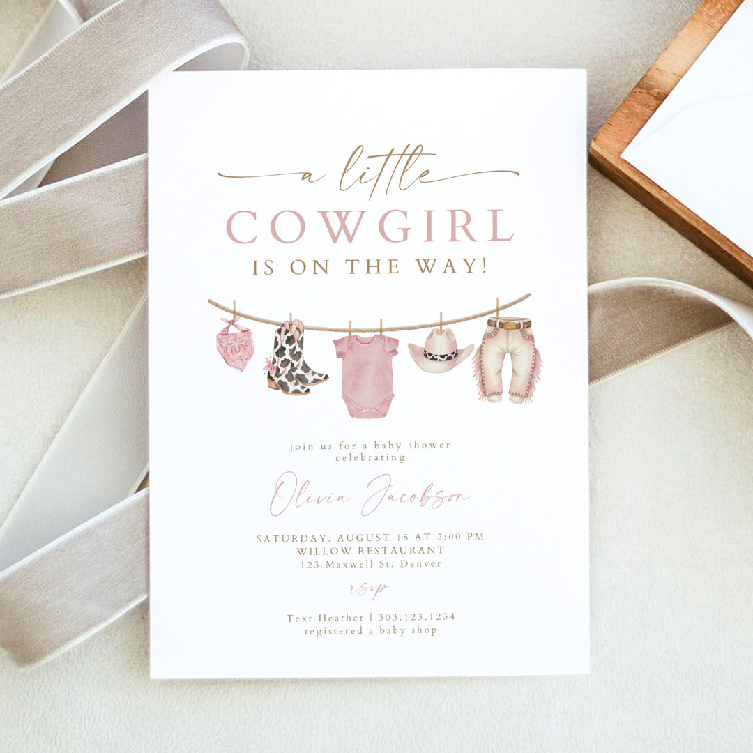 DOLLIE Little Cowgirl On the Way Western Clothesline Baby Shower Invitation