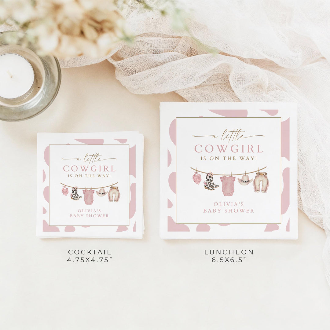 DOLLIE Personalized Little Cowgirl On the Way Cow Print Baby Shower Napkins