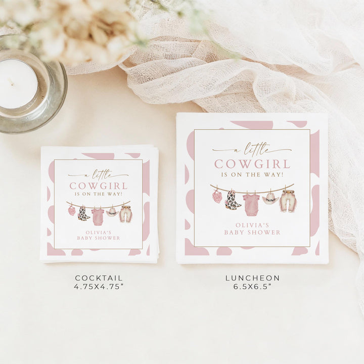 DOLLIE Personalized Little Cowgirl On the Way Cow Print Baby Shower Napkins