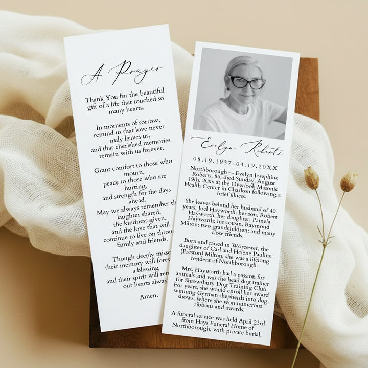 EVELYN Black & White Modern Minimalist Unlaminated Memorial Prayer Bookmark