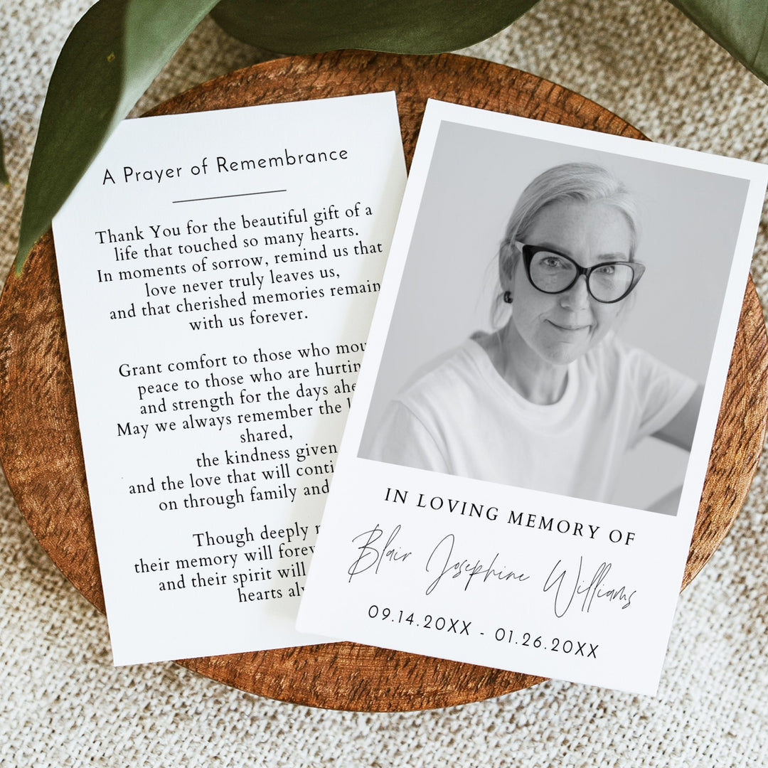 HARLOW In Loving Memory Back & White Memorial Prayer Card with Photo