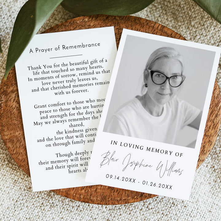 HARLOW In Loving Memory Back & White Memorial Prayer Card with Photo