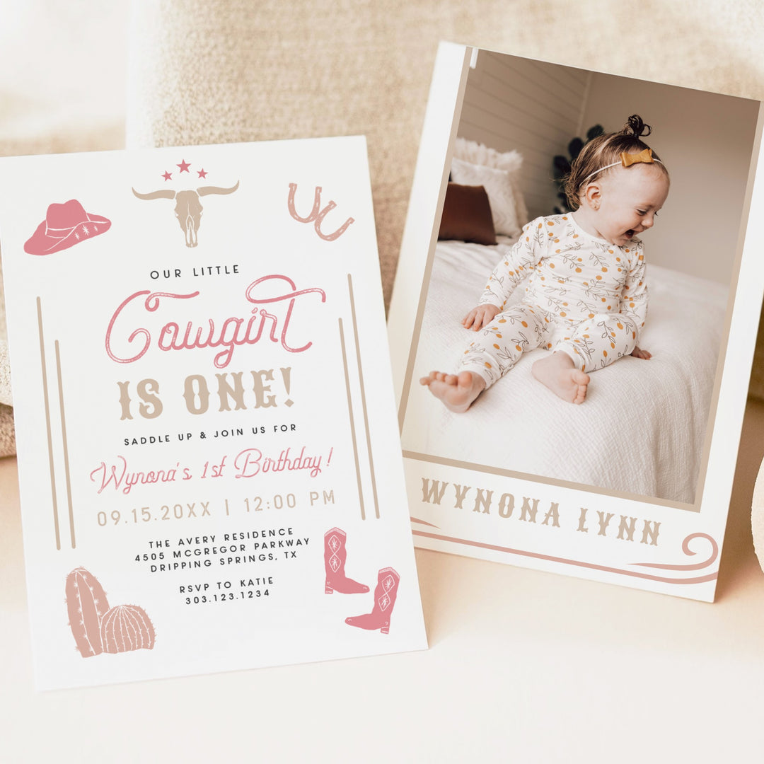 WYNONA Cowgirl's First Birthday Pink Western Birthday Invitation