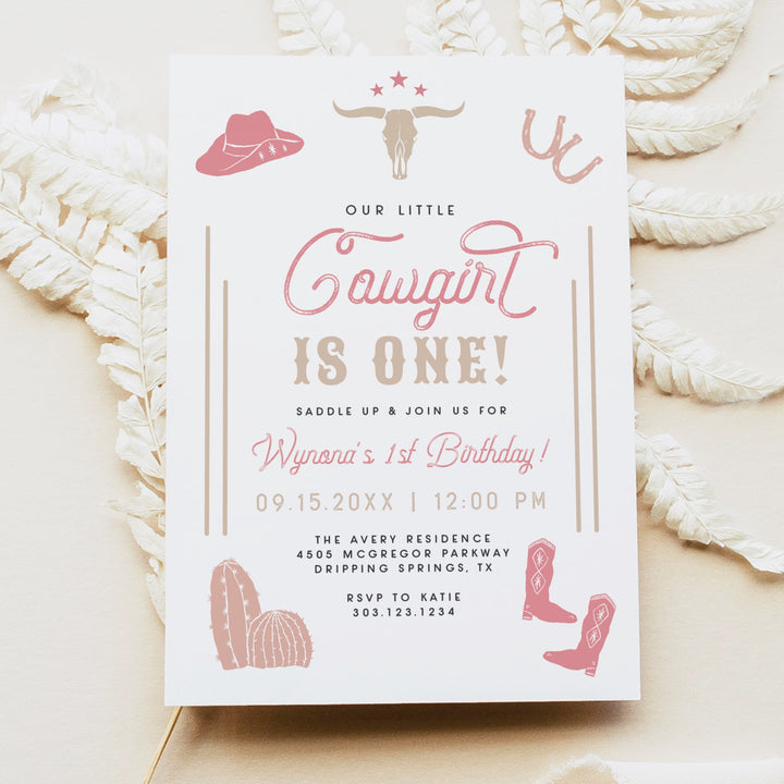WYNONA Cowgirl's First Birthday Pink Western Birthday Invitation