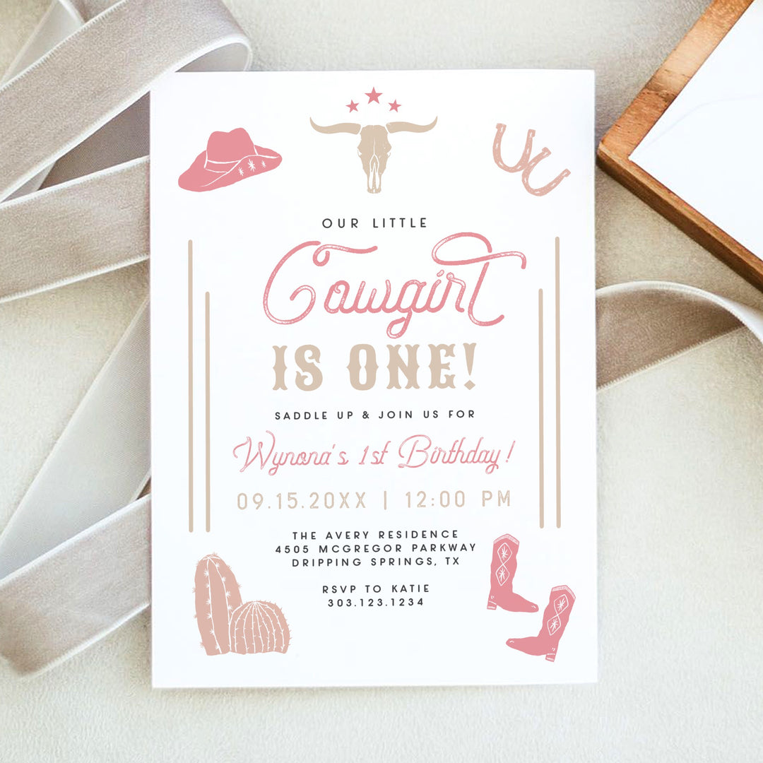 WYNONA Cowgirl's First Birthday Pink Western Birthday Invitation