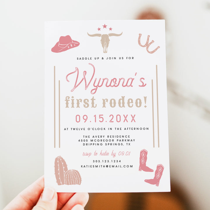 WYNONA First Rodeo Pink Western First Birthday Invitation
