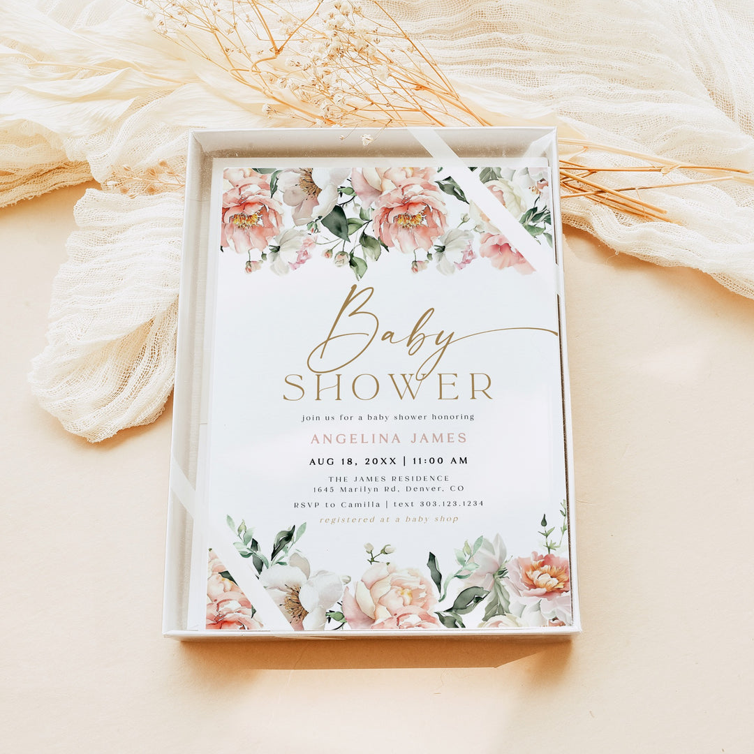 ISLA Pink Floral & Gold Elegant Baby Shower Invitation Set