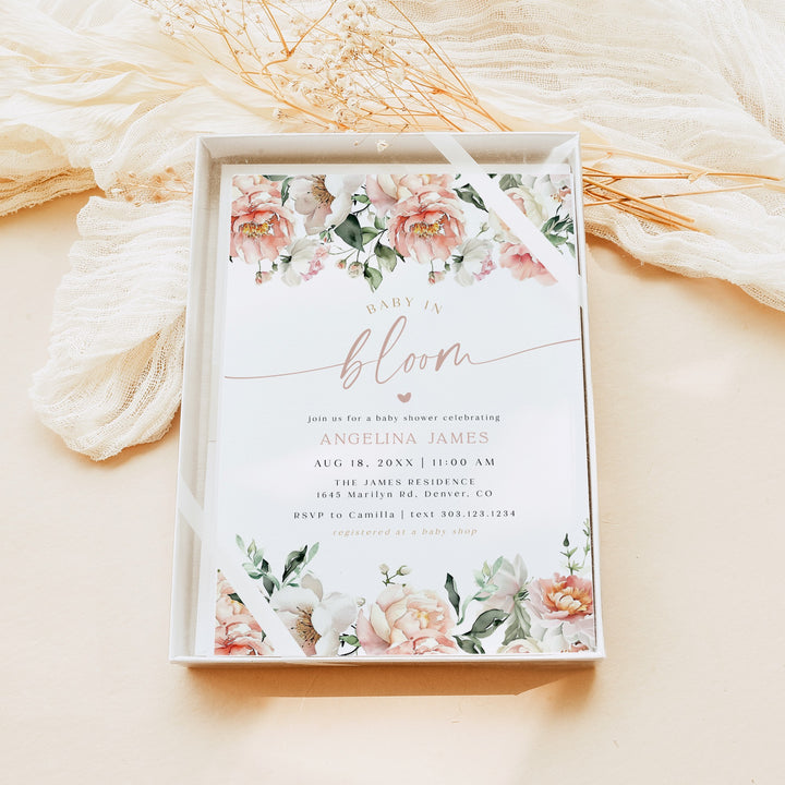 ISLA Pink Floral & Gold Baby in Bloom Baby Shower Invitation Set