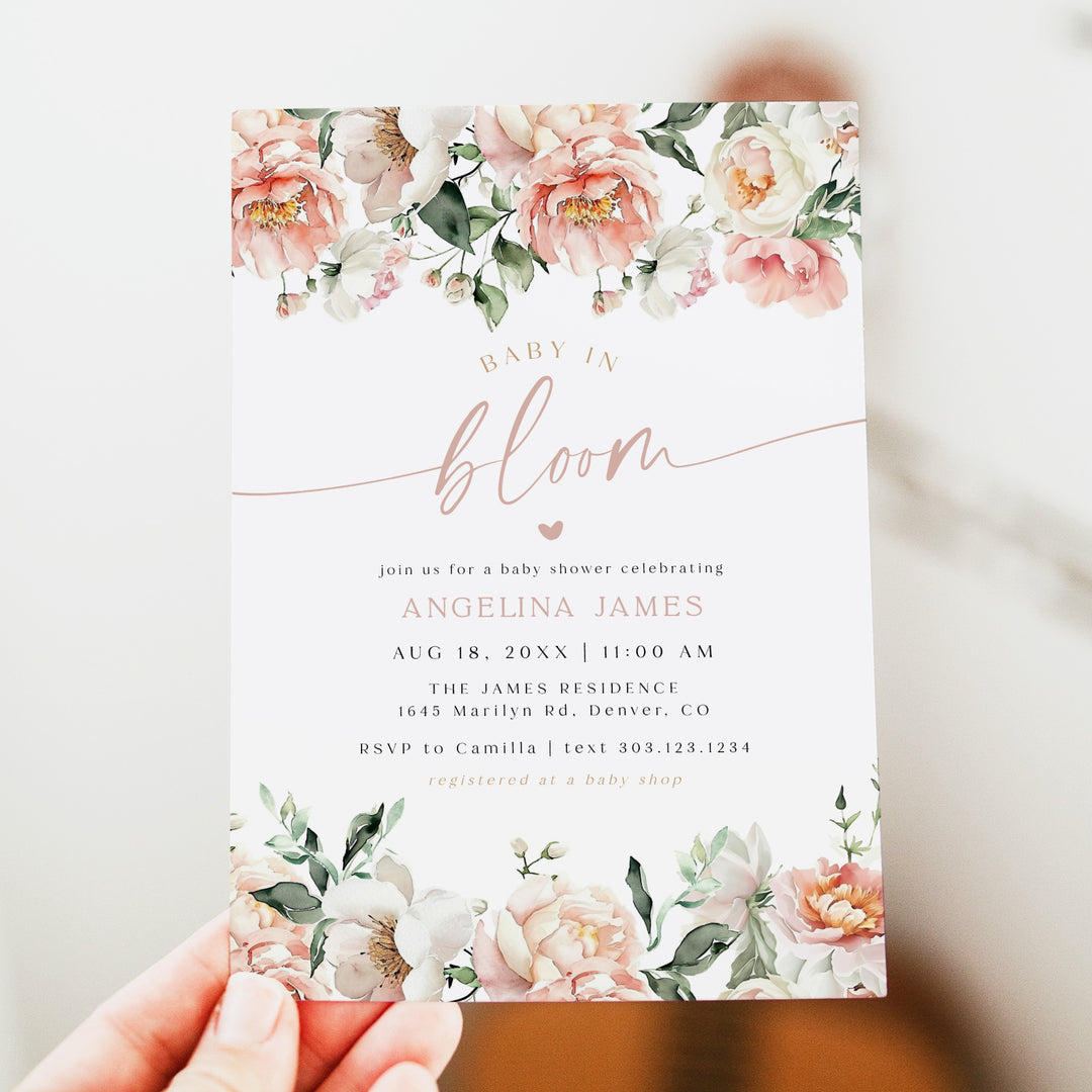 ISLA Pink Floral & Gold Baby in Bloom Baby Shower Invitation Set