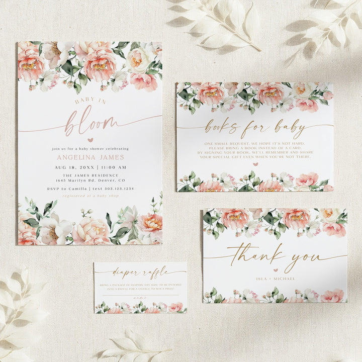 ISLA Pink Floral & Gold Baby in Bloom Baby Shower Invitation Set
