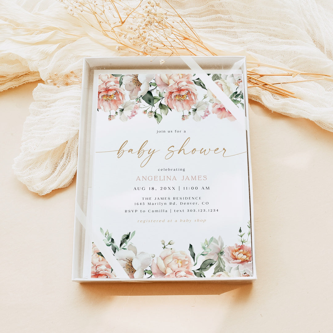 ISLA Elegant Pink Floral Brunch Baby Shower Invitation