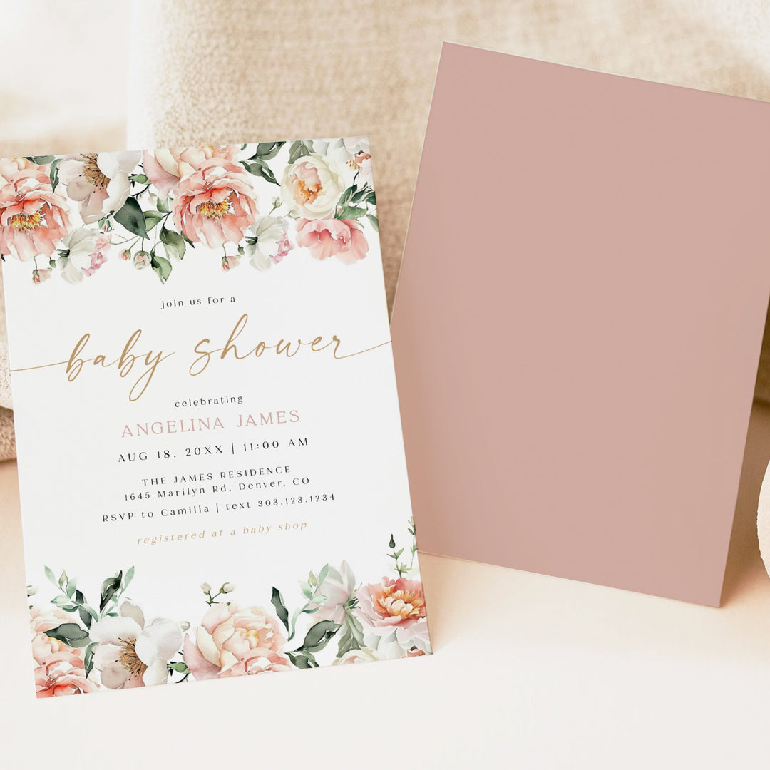 ISLA Elegant Pink Floral Brunch Baby Shower Invitation