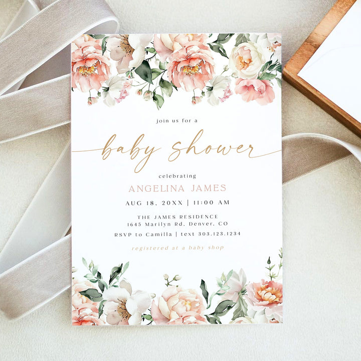 ISLA Elegant Pink Floral Brunch Baby Shower Invitation