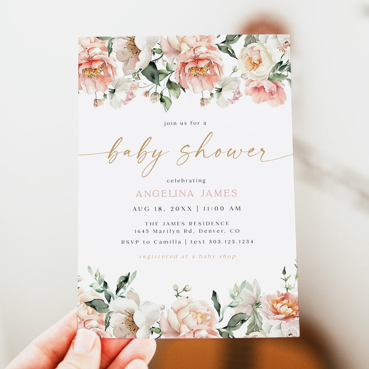 ISLA Elegant Pink Floral Brunch Baby Shower Invitation