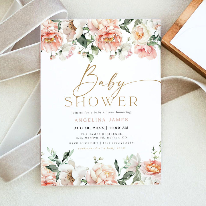 ISLA Elegant Pink Floral Baby Shower Invitation
