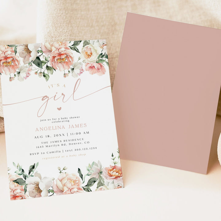 ISLA It's a Girl Pink Floral Baby Shower Invitation