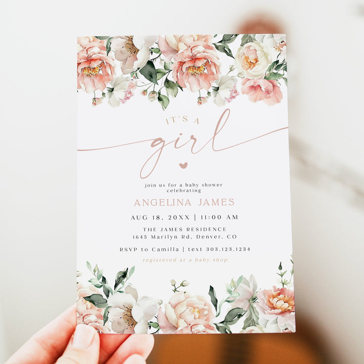 ISLA It's a Girl Pink Floral Baby Shower Invitation