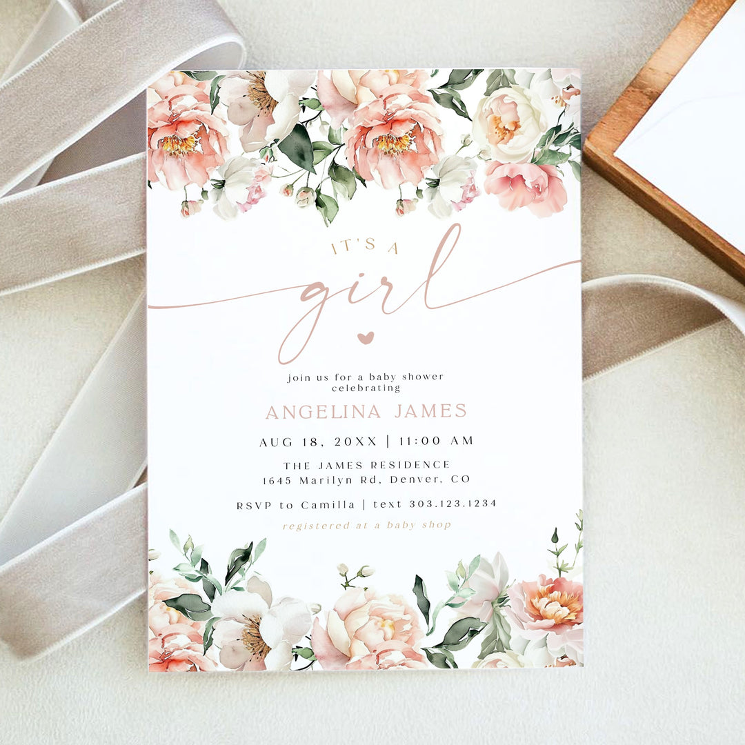 ISLA It's a Girl Pink Floral Baby Shower Invitation
