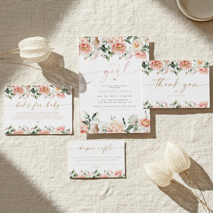 ISLA Pink Floral & Gold It's a Girl Baby Shower Invitation Set