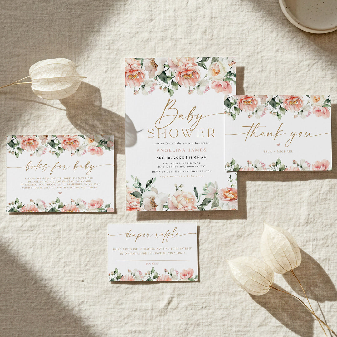ISLA Pink Floral & Gold Elegant Baby Shower Invitation Set