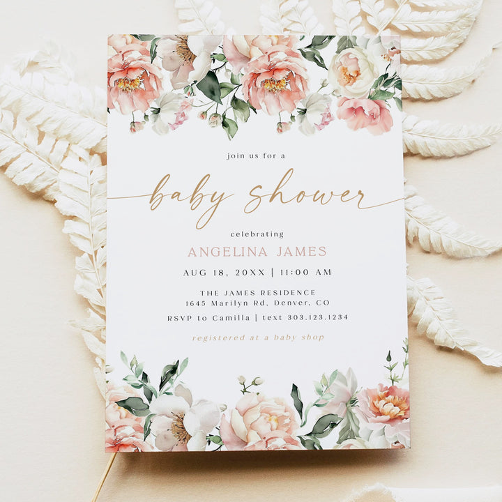 ISLA Elegant Pink Floral Brunch Baby Shower Invitation