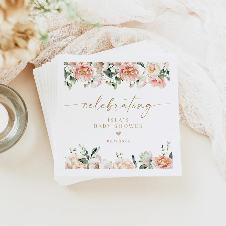ISLA Personalized Pink Floral Elegant Baby Shower Napkins