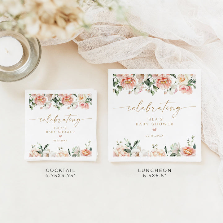 ISLA Personalized Pink Floral Elegant Baby Shower Napkins