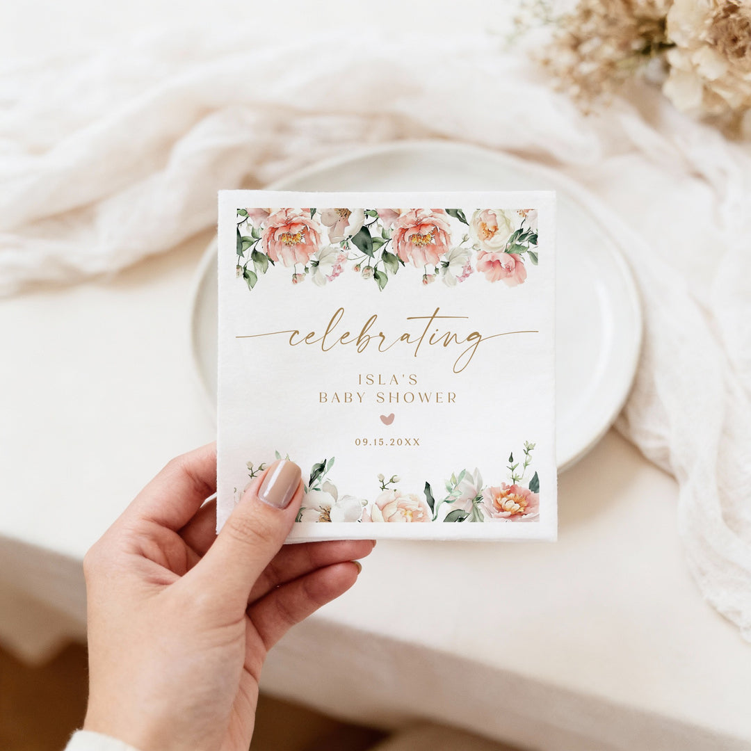 ISLA Personalized Pink Floral Elegant Baby Shower Napkins
