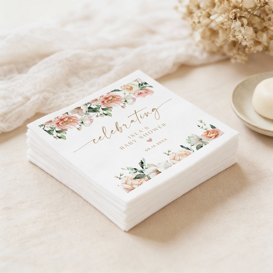 ISLA Personalized Pink Floral Elegant Baby Shower Napkins