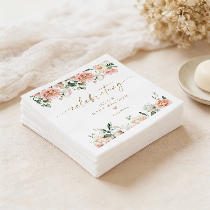 ISLA Personalized Pink Floral Elegant Baby Shower Napkins