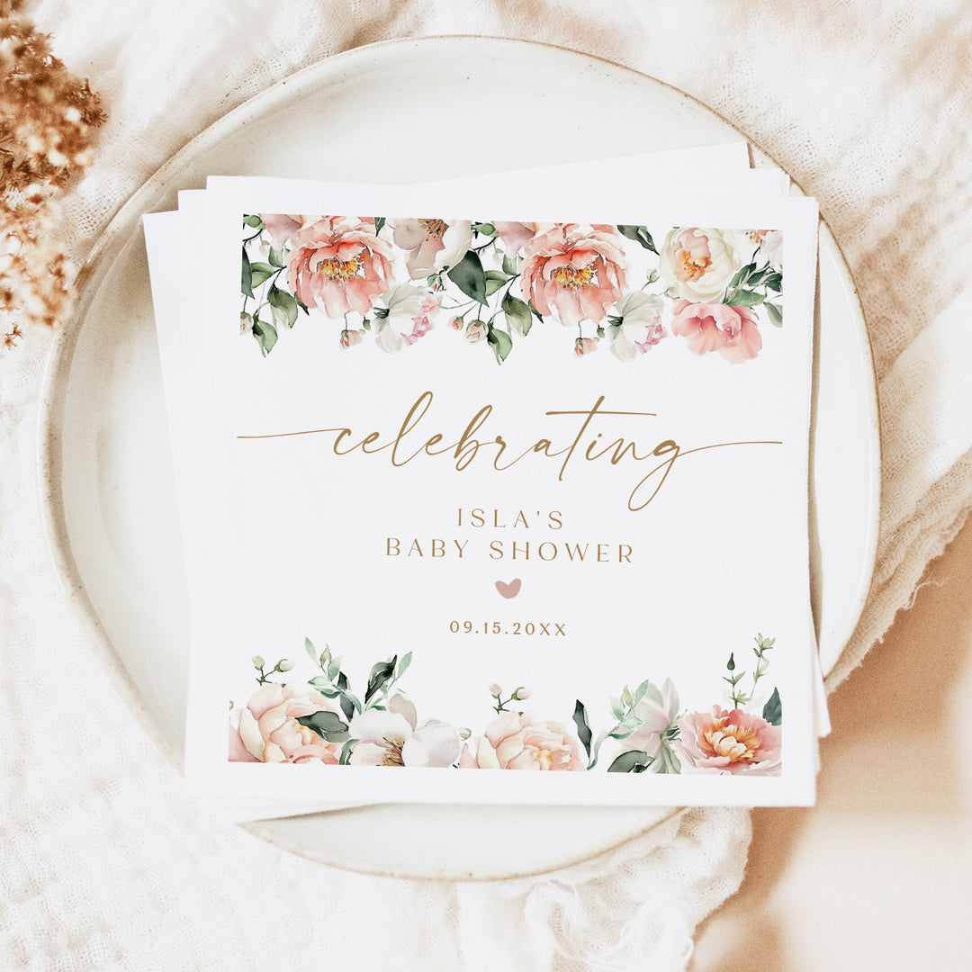 ISLA Personalized Pink Floral Elegant Baby Shower Napkins